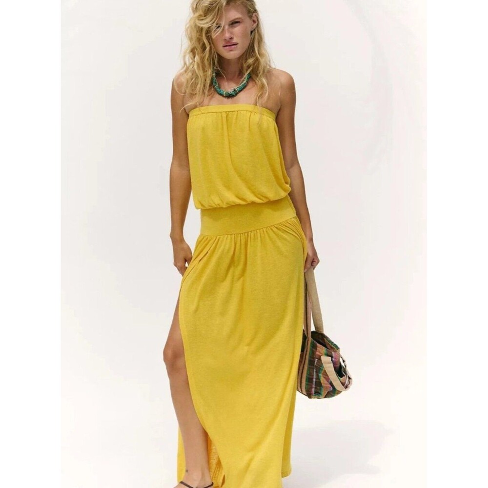Free People Free-est Libby Tube Maxi Dress Smocked Yellow Strapless XS 290429